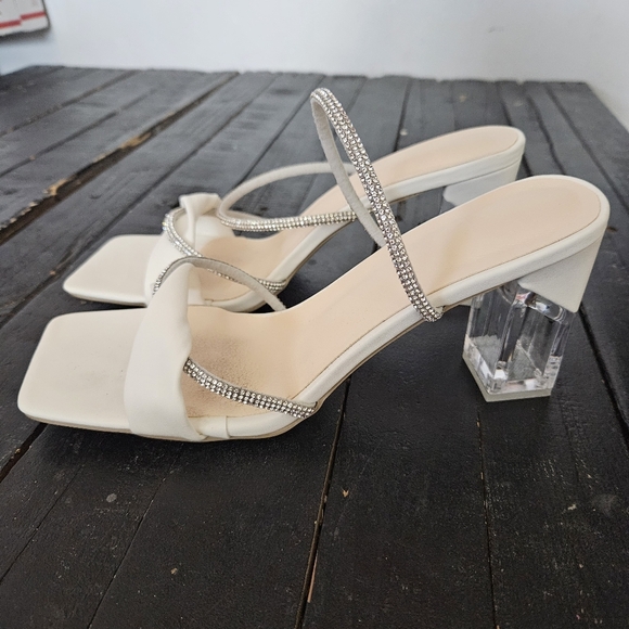 Elegant White Women's Heels with Rhinestone Straps Women's 11 Fancy Square Toe - Picture 6 of 11